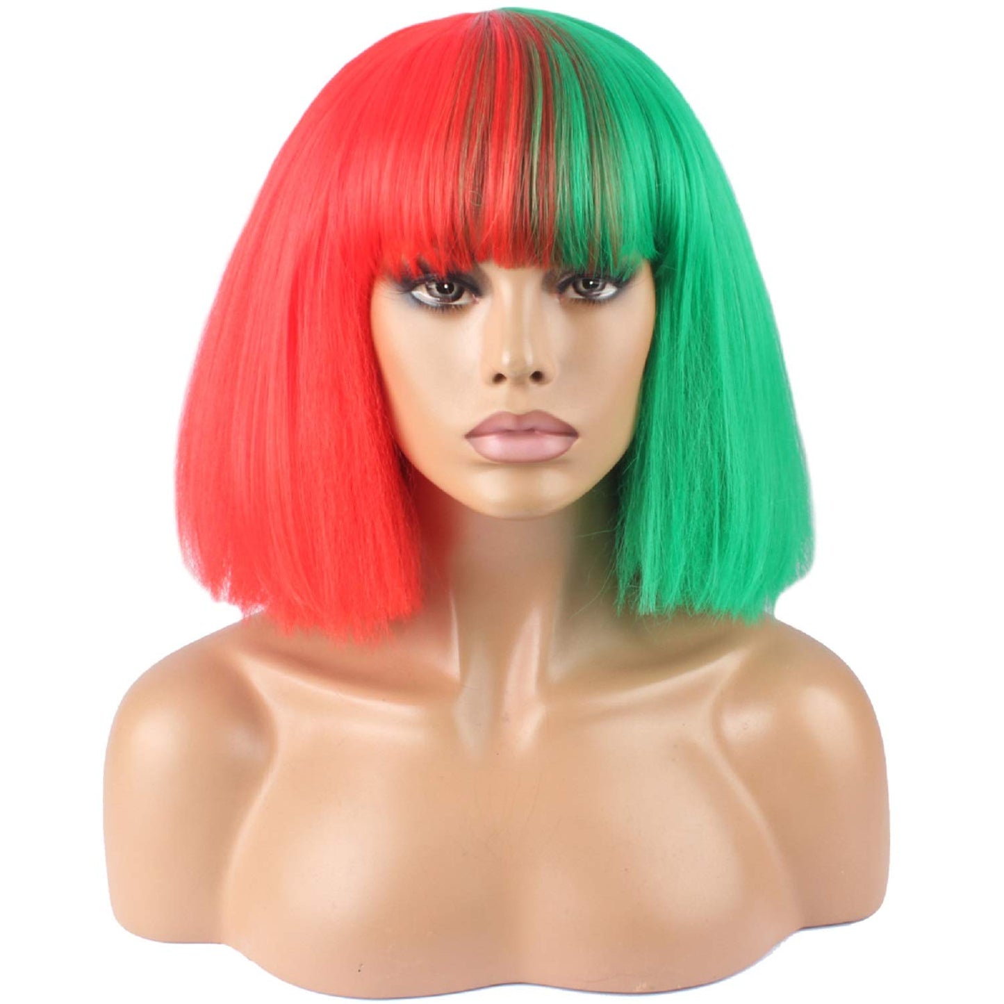 WeKen Fashion Wig Women's Short Bob Kinky Straight Full Bangs Synthetic Hairpieces Red and Green