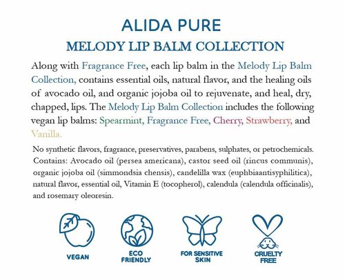 ALIDA PURE Melody Lip Balm Collection, Vegan Lip Balm Set, Beeswax Free, with Avocado Oil, Organic Jojoba Oil, and Vitamin E, Natural Moisturizer for Dry, Chapped Lips, 5 Tube Set