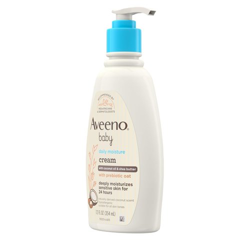 Aveeno Baby Daily Moisturizing Cream with Prebiotic Oat, Hypoallergenic Baby Lotion with Coconut Oil & Shea Butter Moisturizes Sensitive Skin for 24 Hours, Gentle Coconut Scent, 12 fl. oz