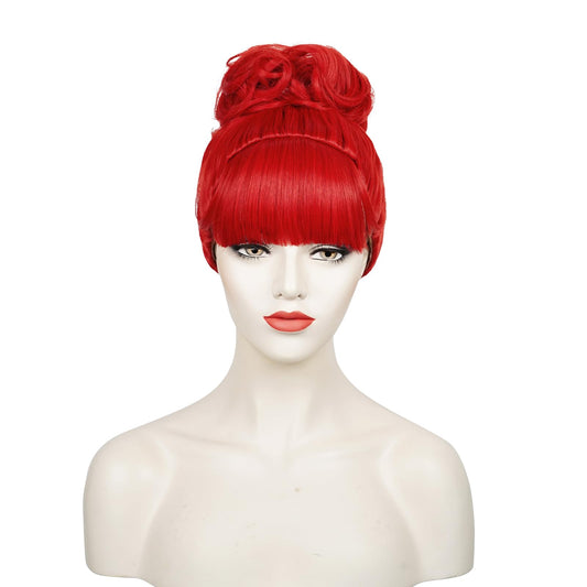 Red Wig with Bangs Bun for Women, Miss Dead Receptionist Costume Wig + Wig Cap for Halloween Argentina Costume Cosplay