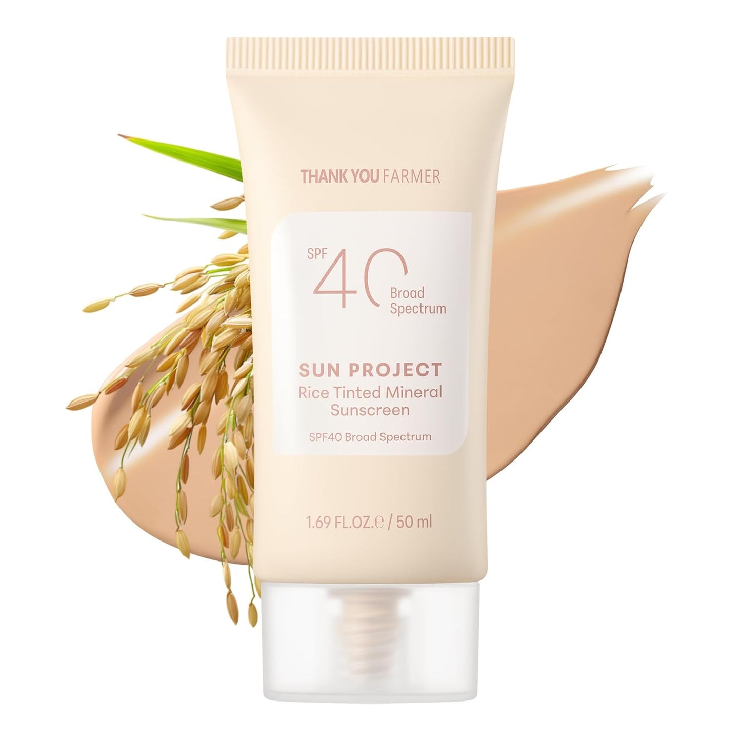 ThankYou Farmer Sun Project Rice Tinted Mineral Sunscreen SPF 40 - Korean Face Sunscreen with Zinc Oxide, No White Cast - 1.69 fl oz