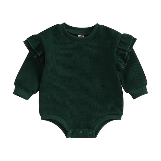 DOSYZTO Newborn Baby Girl Solid Romper Sweatshirt Ruffle Long Sleeve Bodysuit Outfit Infant Fall Clothing (Ruffled Sleeve Dark Green,12-18 Months)