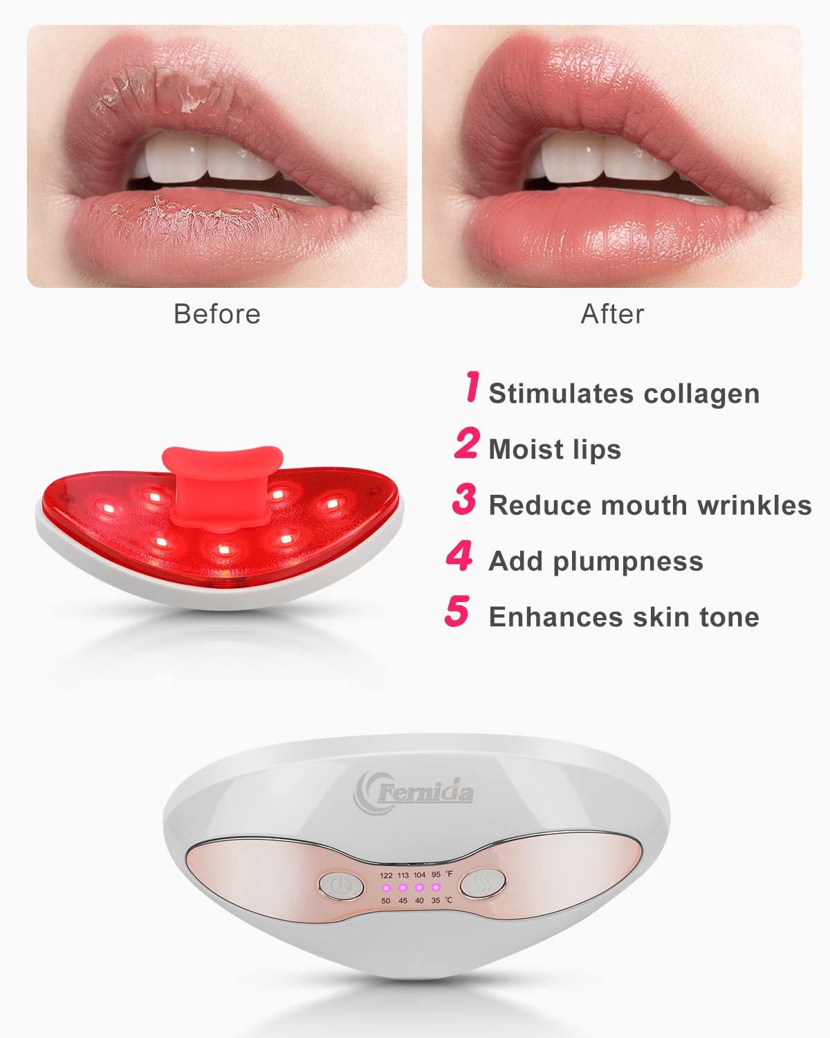 Red Light Device, FERNIDA 2 in 1 Lip and Eye Care Tool with Heated for Anti-Aging, Smooth Lip Wrinkles, Lip Plumper and Reduce Dark Circles, 4 Levels Heating Temps, White