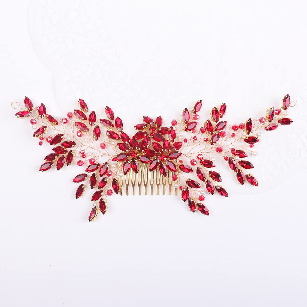 Teyglen Women Dainty Large Rhinestones Flower Crystal Pearls Bride Wedding Hair Comb Headband Luxurious Hair Accessories Shiny Rhinestones Crystals Bridal Side Hair Combs for Women Bride Girls (Red)