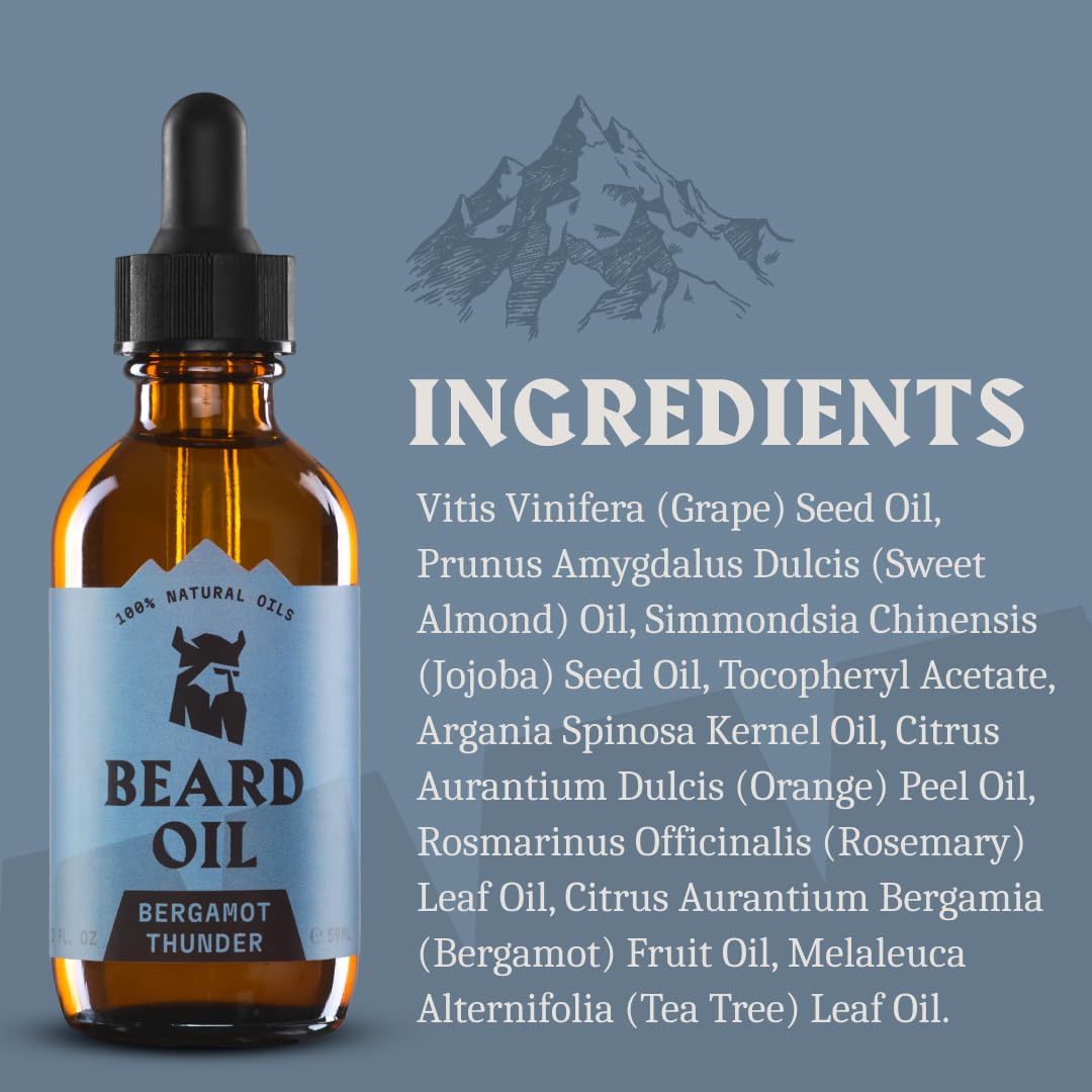 Striking Viking Beard Oil - Natural Conditioner with Almond, Tea Tree, Argan & Jojoba for Growth & Softening | 2 Fl Oz, Bergamot Thunder