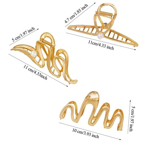 3 PCS Gold Metal Hair Claw Clips for Thick Long Hair, 4.3" Wave Cross Geometric Shape Non-slip Giant Crab Catch Barrettes Hairgrip, Trendy Elegant Women's Hair Accessories Headwear Gift