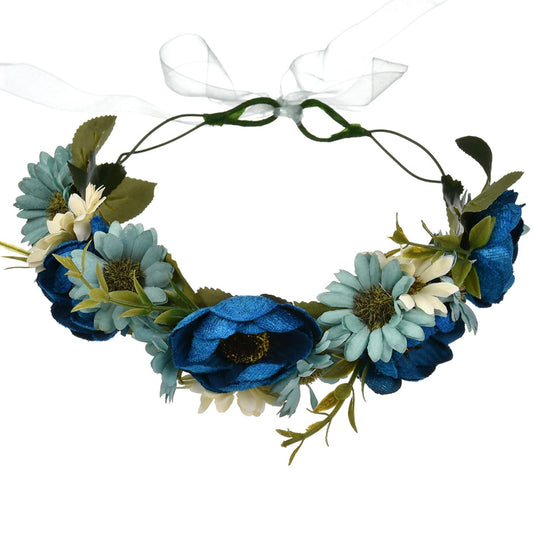 YnimioAOX Handmade Adjustable Flower Wreath Headband Halo Floral Crown Garland Headpiece,A14-navy blue