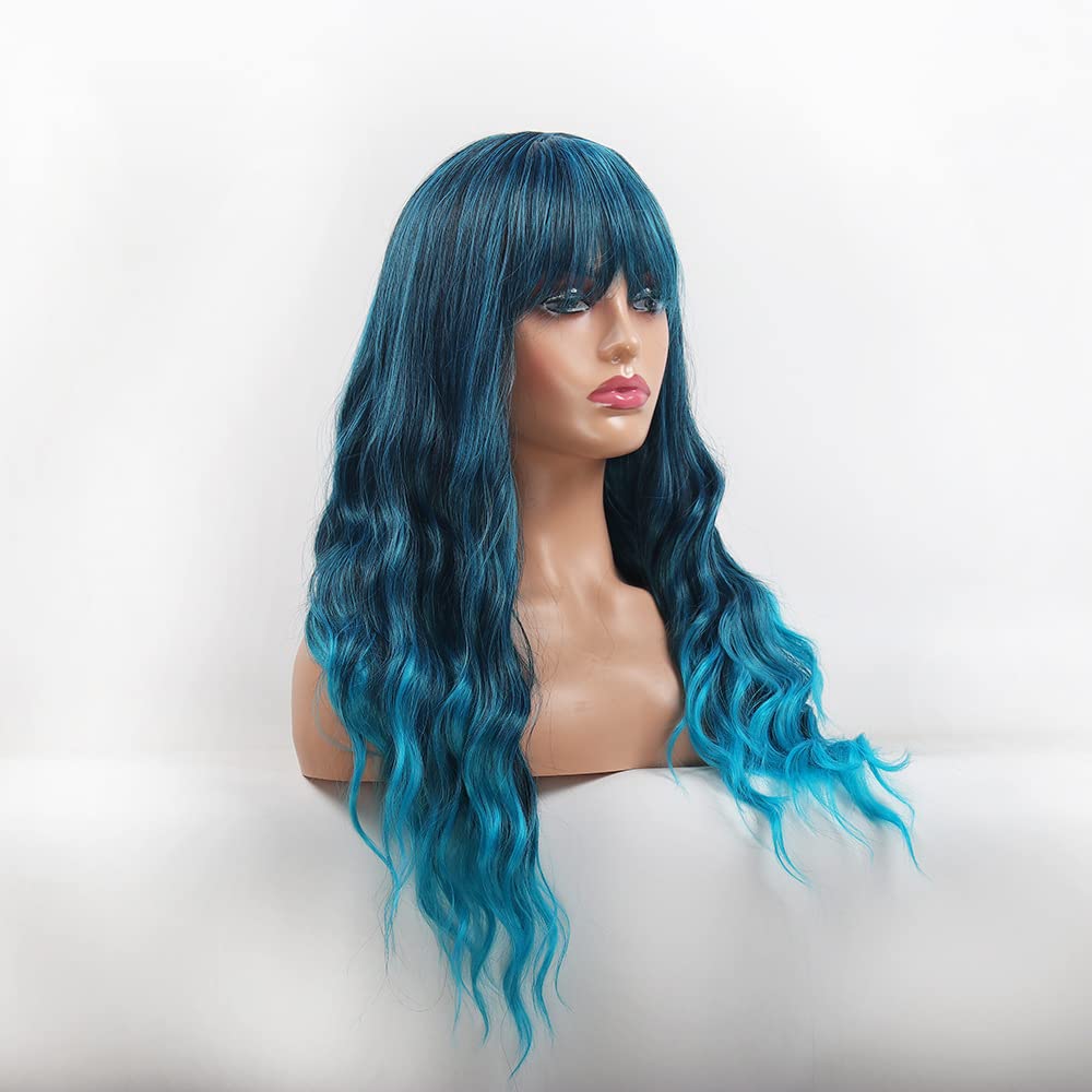 Sharebeauty Synthetic Women Natural Wavy Curly Full Wig with Straight Bangs Ombre Blue