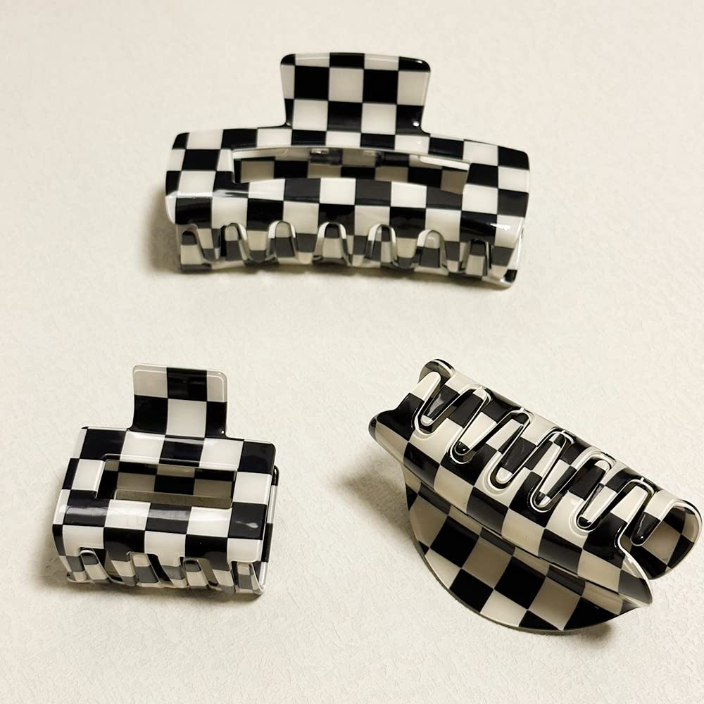 Vintage Checkered Hair Barrettes by Y2K - Aesthetic 3-Piece Claw Clip Set for Women & Girls