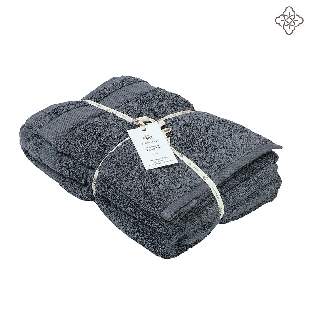 BIOWEAVES 100% Organic Cotton 700 GSM Plush 6-Piece Towel Set GOTS Certified, 2 Bath Towels, 2 Hand Towels & 2 Washcloths - Charcoal