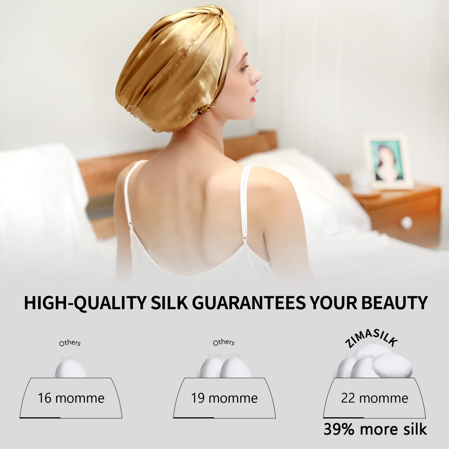 ZIMASILK 22 Momme 100% Mulberry Silk Bonnet for Sleeping & Women Hair Care, Highest Grade 6A Silk Hair wrap for Sleeping with Premium Elastic Stay On Head (1Pc, Golden)