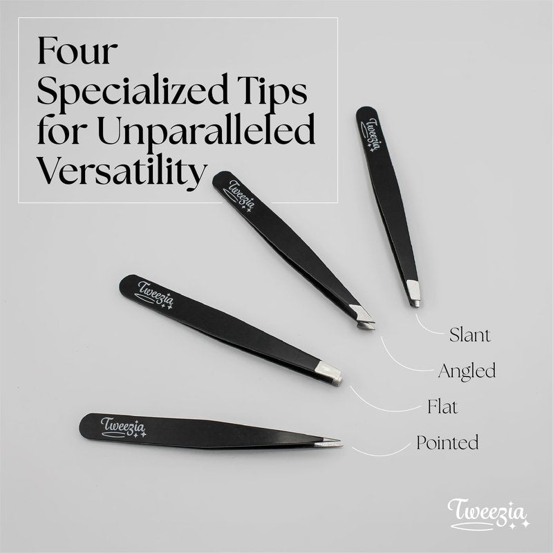 TWEEZIA Stainless Steel Tweezer Set - 4 Precision Tweezers with Mirror & Leather Case - Ideal Eyebrow Kit, Ingrown Hair Tweezers, Splinter Removal Kit or Pointed Tweezers for Beauty and Personal Care