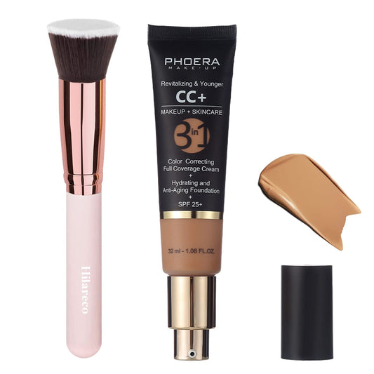 PHOERA CC+ Cream,Full Coverage Foundation，Color Correcting Cream,Anti Aging Hydrating Serum & SPF 25+ Sunscreen - Natural Finish - 1.08 fl oz (160 Sand)