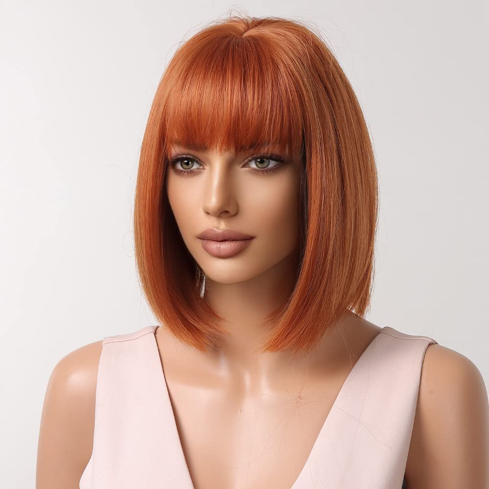 BERON Auburn Wig for Women Red Copper Bob Wig Short Straight Dark Orange Wig with Bangs Synthetic Heat Resistant Wig Cap Included (Auburn)