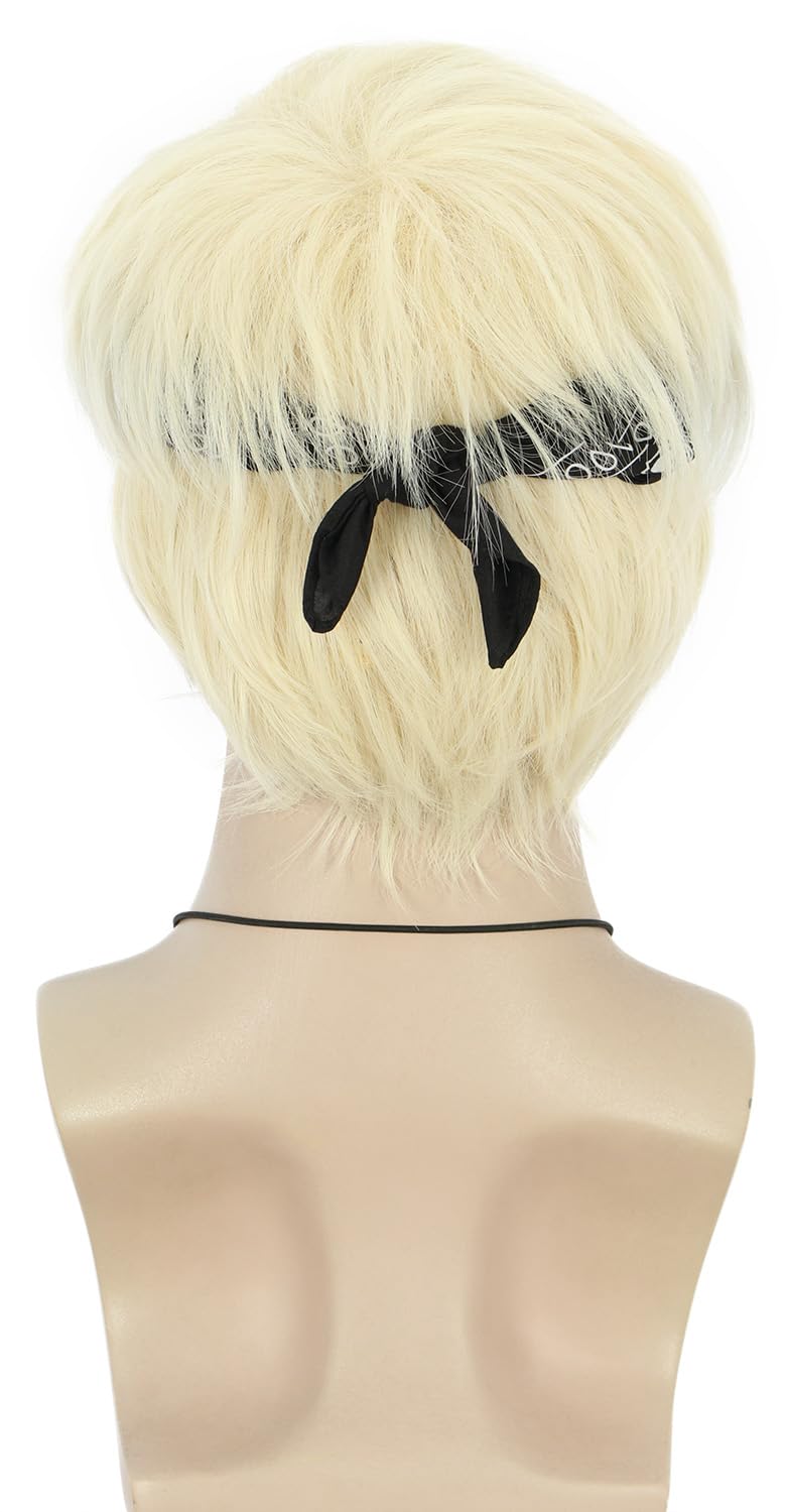 VGbeaty Adult Men Short Straight Platinum Blonde Wig With Black Bandana Halloween Cosplay Costume Anime Wig