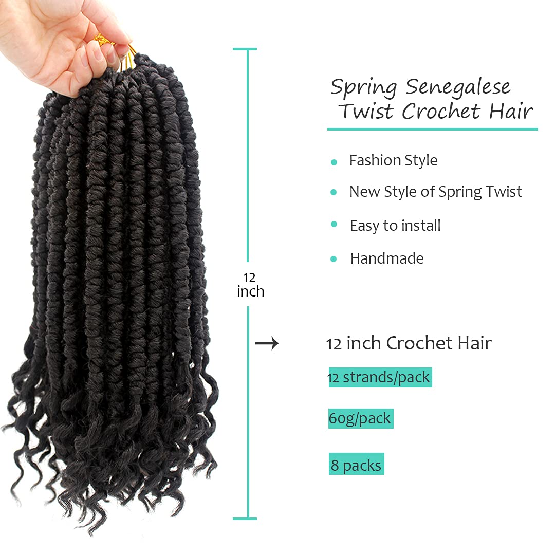 Spring Twist Hair 12 Inches Senegalese Crochet Hair Curly End Crochet Twists for Black Women 8 Packs Pre looped Passion Twist Crotchet Hair Synthetic Spring Twist Crotchet Hair 1B
