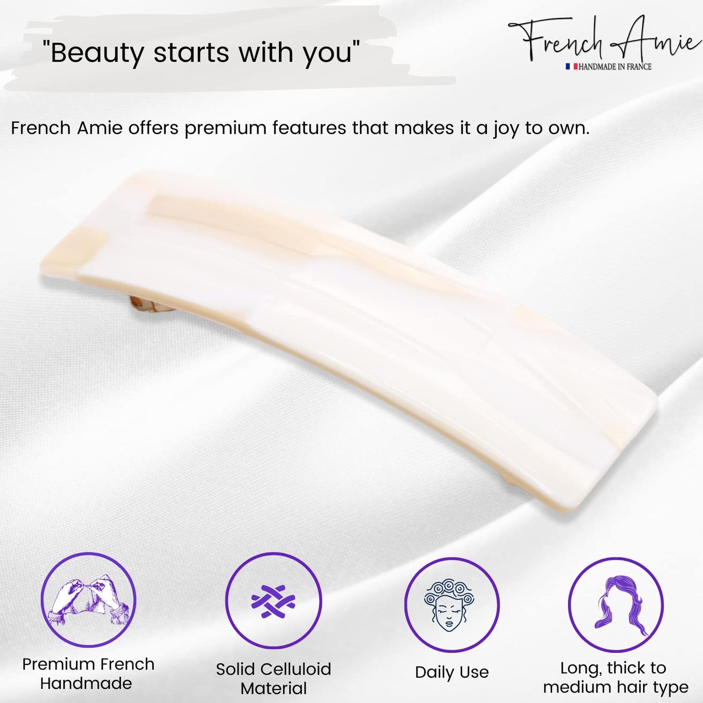 French Amie Fine 1 Inch Wide Rectangular Celluloid Handmade Ivory White Automatic Hair Clip Barrette (Ivory)