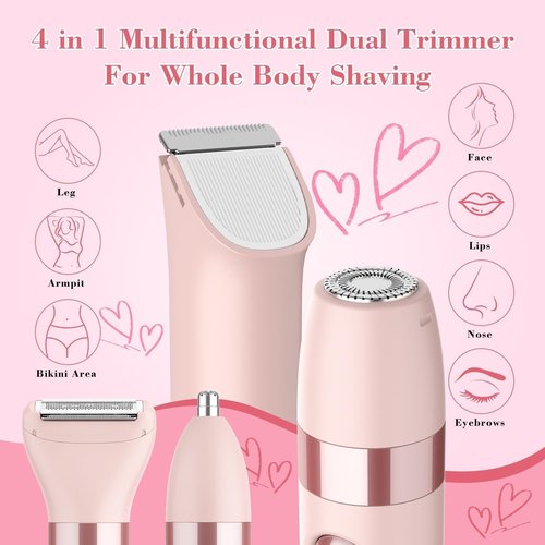 Hatteker Women's Electric Razor - 4-in-1 Dual-Head Trimmer | IPX7 Waterproof, Rechargeable, Pink