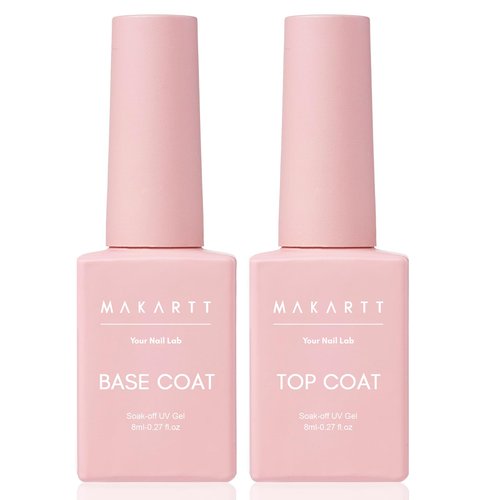Makartt Gel Top Coat and Base Coat Kit: 2 PCS Clear Gloss Shiny No Wipe Stain Resistant General Top Coat Nail Polish UV for Acrylic Nails Dip Powder Gel Nail Polish Beauty Spring Gift Salon at Home