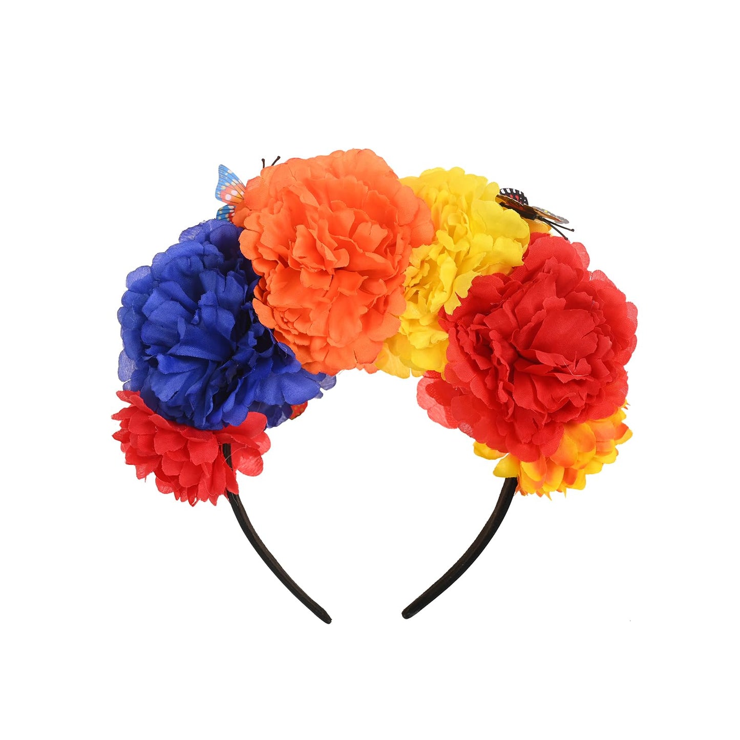 Fleursun Mexican Flower Crown Frida kahlo Headband Dia De Los Muertos Flower Crown Halloween Party Costume Headpiece (Red yellow orange blue)