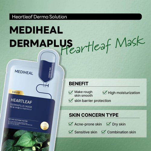Mediheal Dermaplus Heartleaf Mask - Daily Vegan Soothing Sheet Mask with Panthenol & Hyaluron | 10 Counts