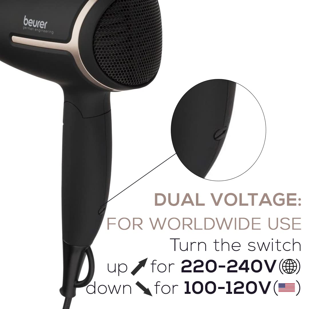 Beurer Ionic Hair Dryer - 1600W Travel Blow Dryer with Voltage Switch & Foldable Handle | Black/Rose Gold