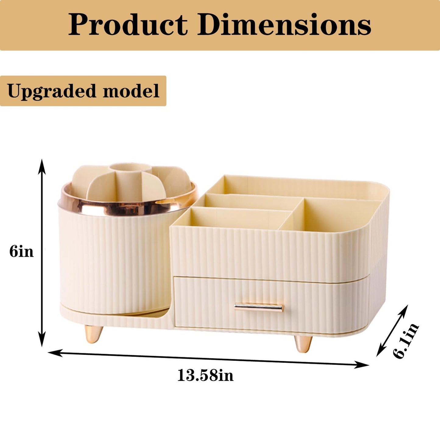 Rotating Makeup Organizer for Vanity with Brush Holder and Drawer, Cosmetic Makeup Storage, Large Spinning Makeup Skincare Organizer, Countertop Makeup Perfume Organizer, Lotions Display Case (Ivory)