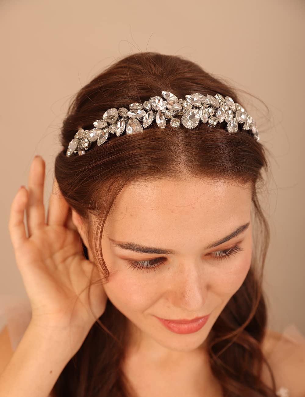 Teyglen Rhinestone Crystal Headband Hair Band Handmade Full Crystal Hair Hoop Bridal Wedding Gold Silver Headpieces Hair Accessories for Women Girl (Silver)