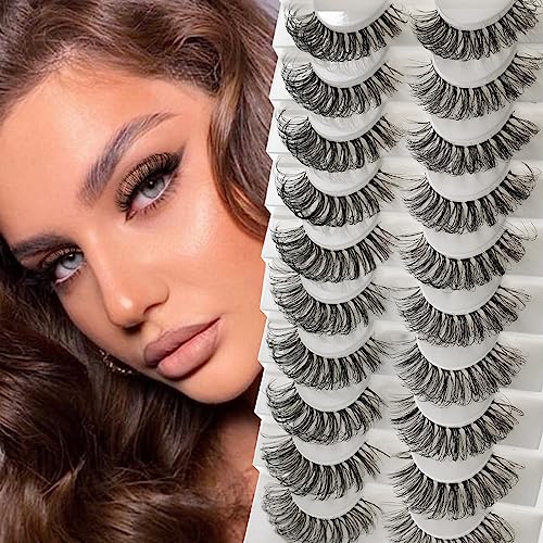 3d Plant Fibre Russian Strip Lashes, D Curl Lash Strips, Natural False Lashes Mink, Wispy Fake Lashes, D Curl Strip Lashes, Natural Wispies Mink Eyelashes, Faux Mink Eyelashes Natural Look(DC04)