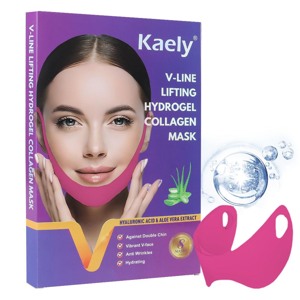 Kaely 8Pcs V Line Lifting Mask,Double Chin Mask,Chin Strap for Double Chin for Women,Face Lift Mask with Collagen,Hydrating Anti-aging,Red-Small Size