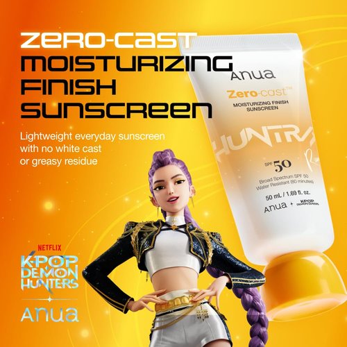 Anua Zero-Cast Moisturizing Sunscreen SPF 50 - Glow Natural Formula with Hyaluronic Acid & Niacinamide | 1.69 fl oz