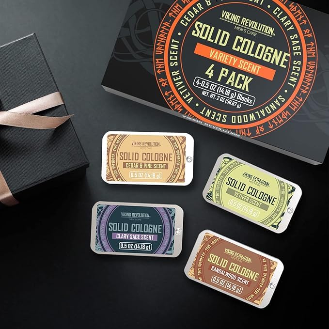 Viking Revolution Solid Cologne 4-Pack - Travel-Friendly Men's Perfume with Cedar Wood, Clary Sage, Vetiver & Sandalwood - 0.5 Oz Each
