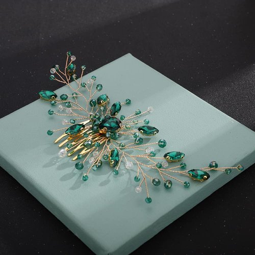 Aimimier Bridal Green Crystal Hair Comb Emerald Rhinestone Hair Vine Prom Party Festival Wedding Hair Accessories for Women and Girls(Gold)