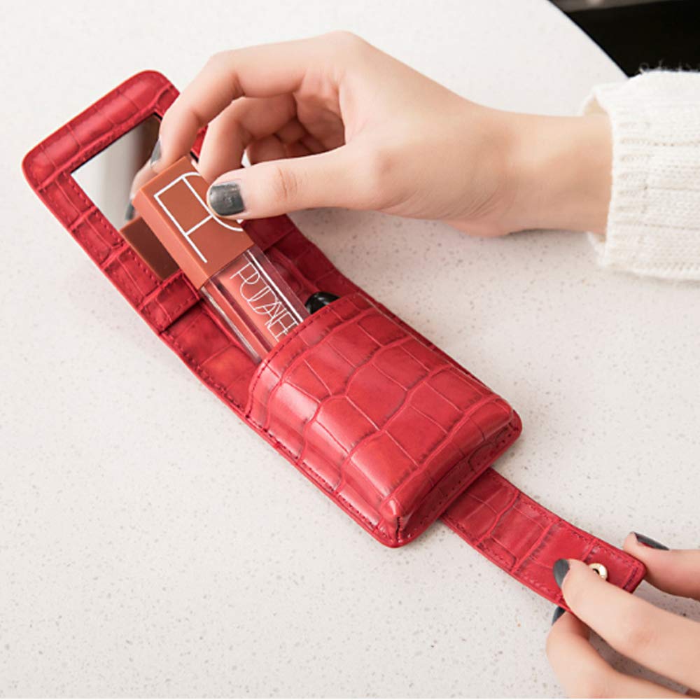HSK_Mall Makeup Lipstick Case with Mirror, for Outside Mini Bag Travel Cosmetic Pouch Lipstick Box Organizer Bag for Women Ladies Gifts for Liquid Lipsticks and Lip Gloss and Lip Balm, Red
