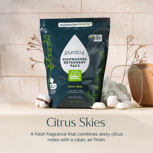 Puracy Dishwasher Pods - Natural Enzyme-Powered Detergent for Spotless Dishes | Citrus Skies, 50 Count
