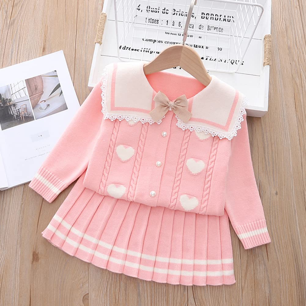 Baby Girls Autumn Winter Fall Clothes Knit Long Sleeve Ruffle Sweater Top+Pleated Mini Tutu Skirt 2pcs Outfit for Kids Princess Casual Playwear Homewear Clothing Set Lapel-Pink Heart 4-5T