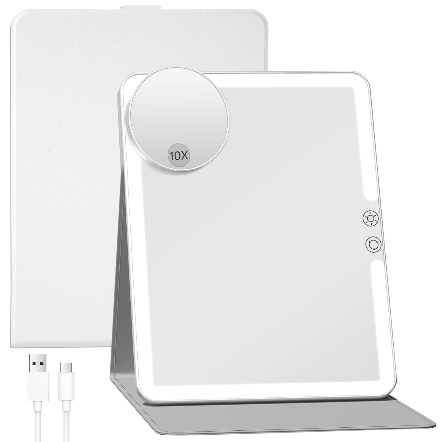 FUNTOUCH 2500mAh Large Rechargeable Travel Makeup Mirror with Light, Portable Makeup Mirror with 10X Magnifying Mirror, 3 Lighting Modes, Tabletop Folding Travel Mirror with PU Leather Cover (White)