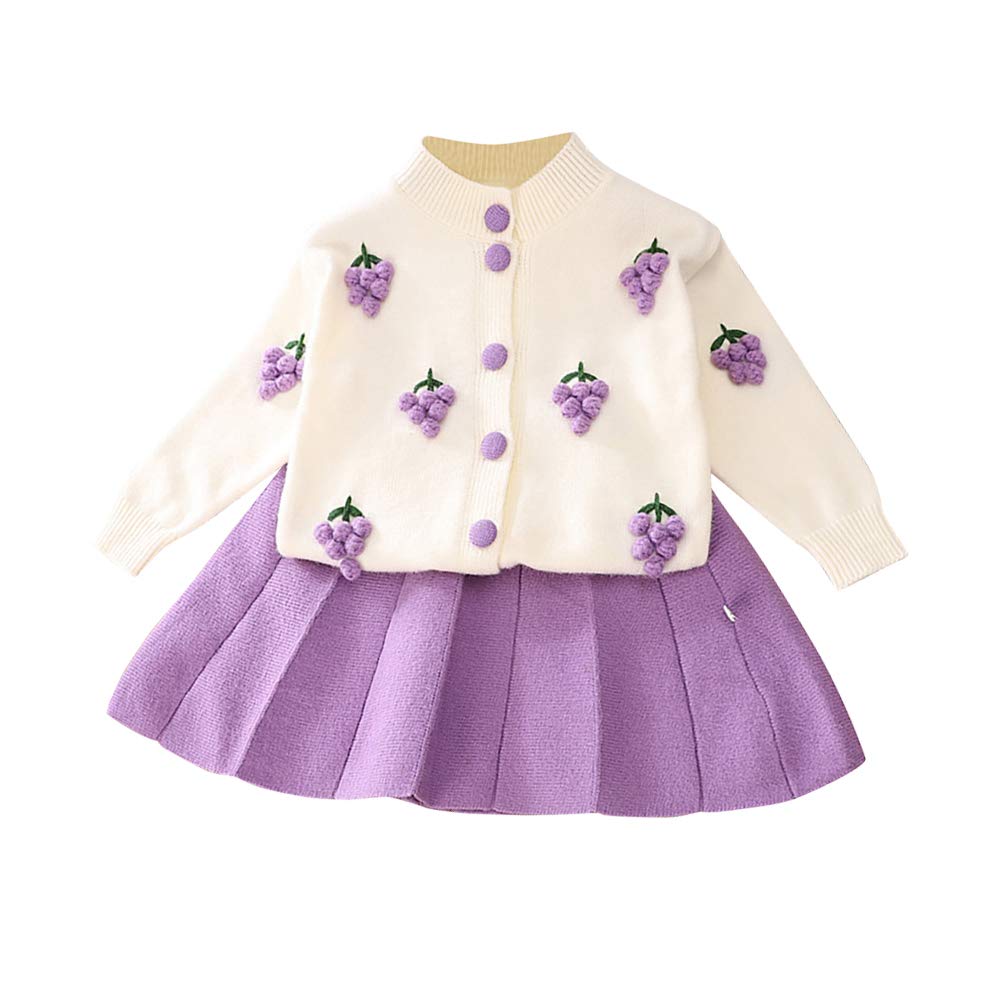 Toddler Baby Girls Autumn Winter Clothes Crochet Knitted Button up Long Sleeve Ruffle Bowknot Sweater Tops+Pleated Mini Tutu Skirt 2pcs Outfit Princess Dress up Costume for Kids Purple 4-5 Years