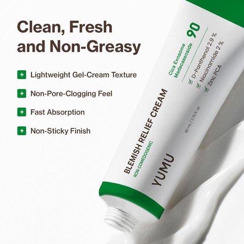 YUMU Cica Exosome Zinc Blemish Relief Cream, Face Moisturizer for Sensitive, Acne-Prone Skin, Lightweight, Breakouts, Barrier Repair, Hydration, Soothing, Oil-Free, Korean Skincare (80 ml/2.70 fl.oz.)