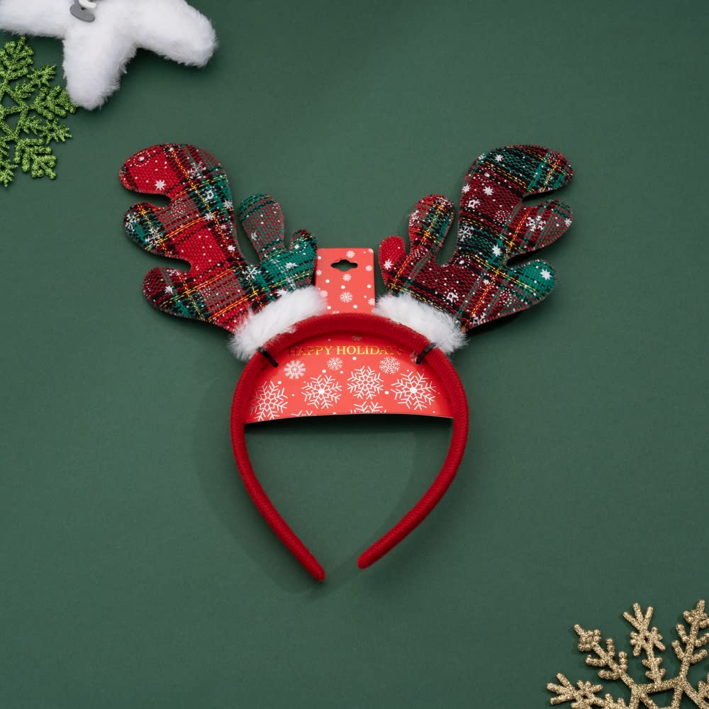 Madison Tyler Red and Green Plaid Christmas Reindeer Antlers Headband for Kids | Cute Soft Headbands for Christmas Party | Holiday Gifts for Girls and Women