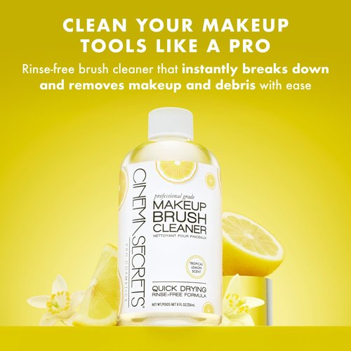 Cinema Secrets Makeup Brush Cleaner - Professional Quick-Drying, Rinse-Free Solution - Removes Waterproof Makeup - Lemon Scent