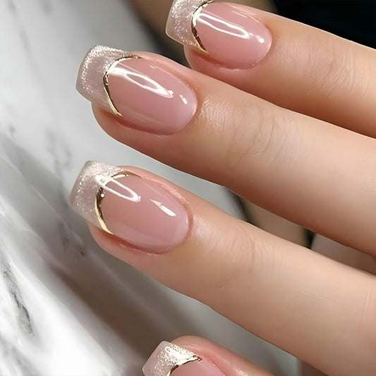 Short Press on Nails Cute Square French Tip Fake Nails with Glitter French Designs Nude Glossy Acrylic Nails Gold Stripes False Nails Reusable Artificial Glue on Nail for Women Girls 24Pcs