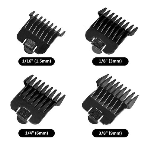 Andis Clipper Guards - 4 Pack Snap-On Blade Attachment Combs Set | 1/16", 1/8", 1/4", 3/8" Sizes - Black