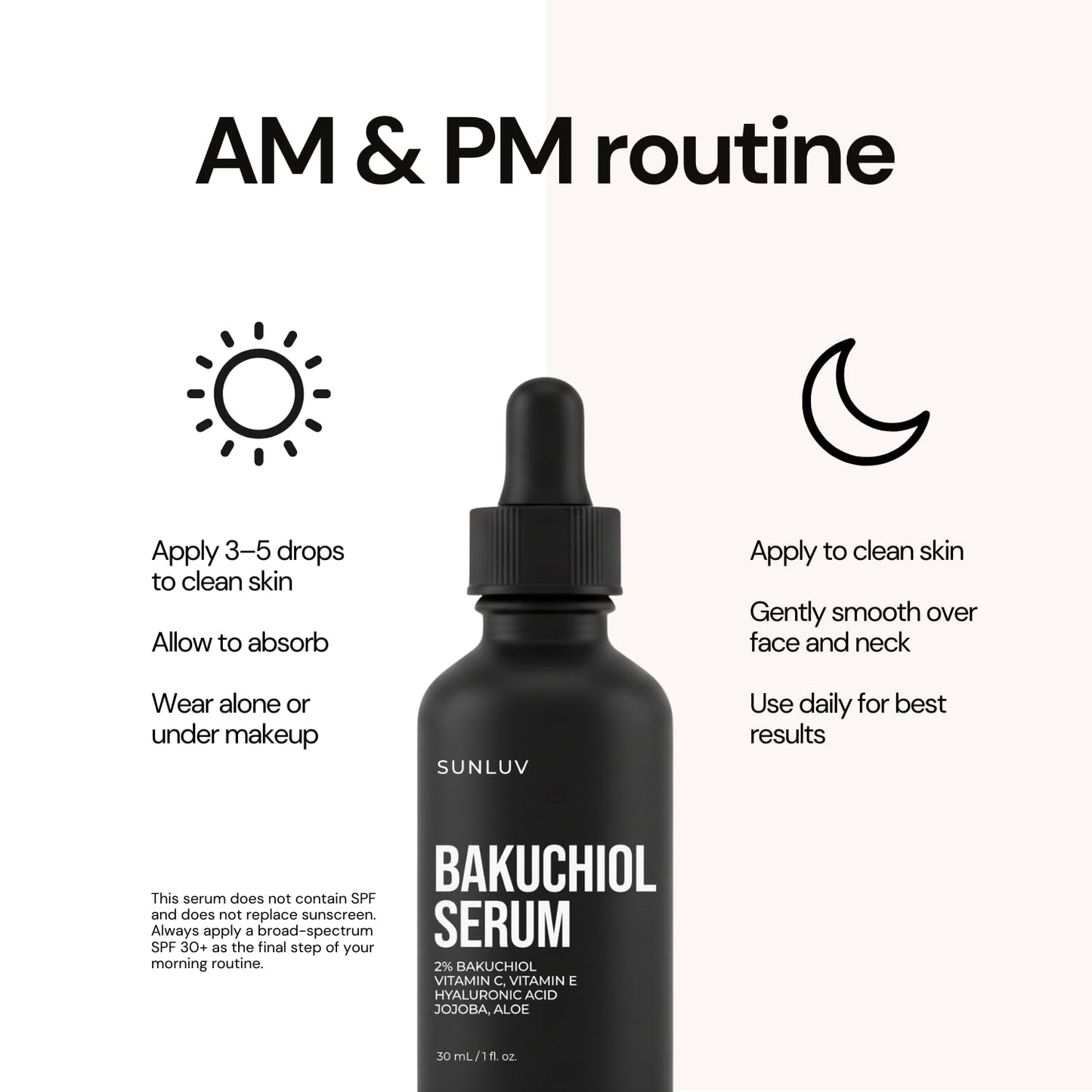 SUNLUV Bakuchiol Serum for Face - 2% Retinol Alternative with Hyaluronic Acid & Vitamin C | Anti-Aging & Hydrating - 1 oz