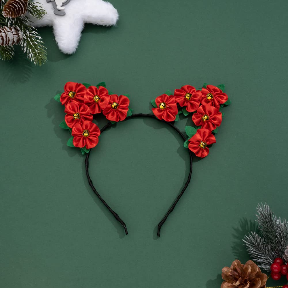 Madison Tyler Christmas Red Poinsettia Headwear | Cute Flower Elves Ears Headband | Lightweight for Christmas Party | Holiday Gifts