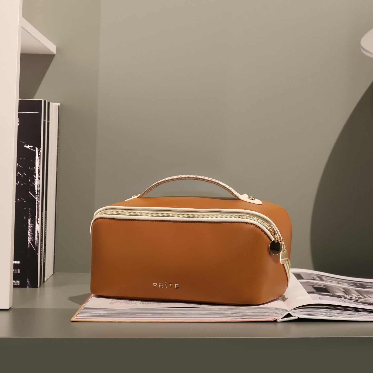 Prite Travel Cosmetic Bag Makeup Organizer Bag For Women Large Capacity Waterproof PU Leather Toiletry Bag with Jacquard Ribbon Handle and Clear Divider(New Brown)