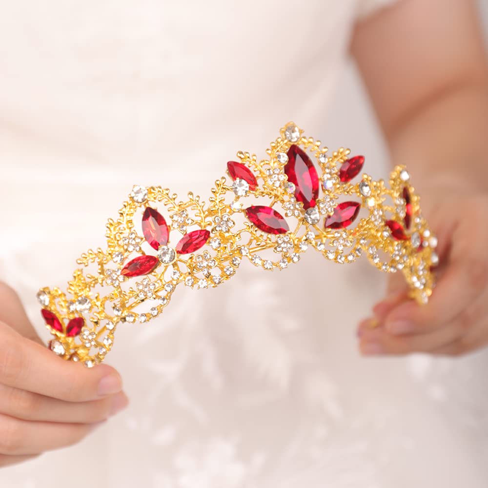 JWICOS Gold Tiara and Crown for Women Red Gem Crown Rhinestone Queen Headband for Wedding Crystal Wedding Hair Accessories for Bachelor Party Pageant Prom Halloween Costume