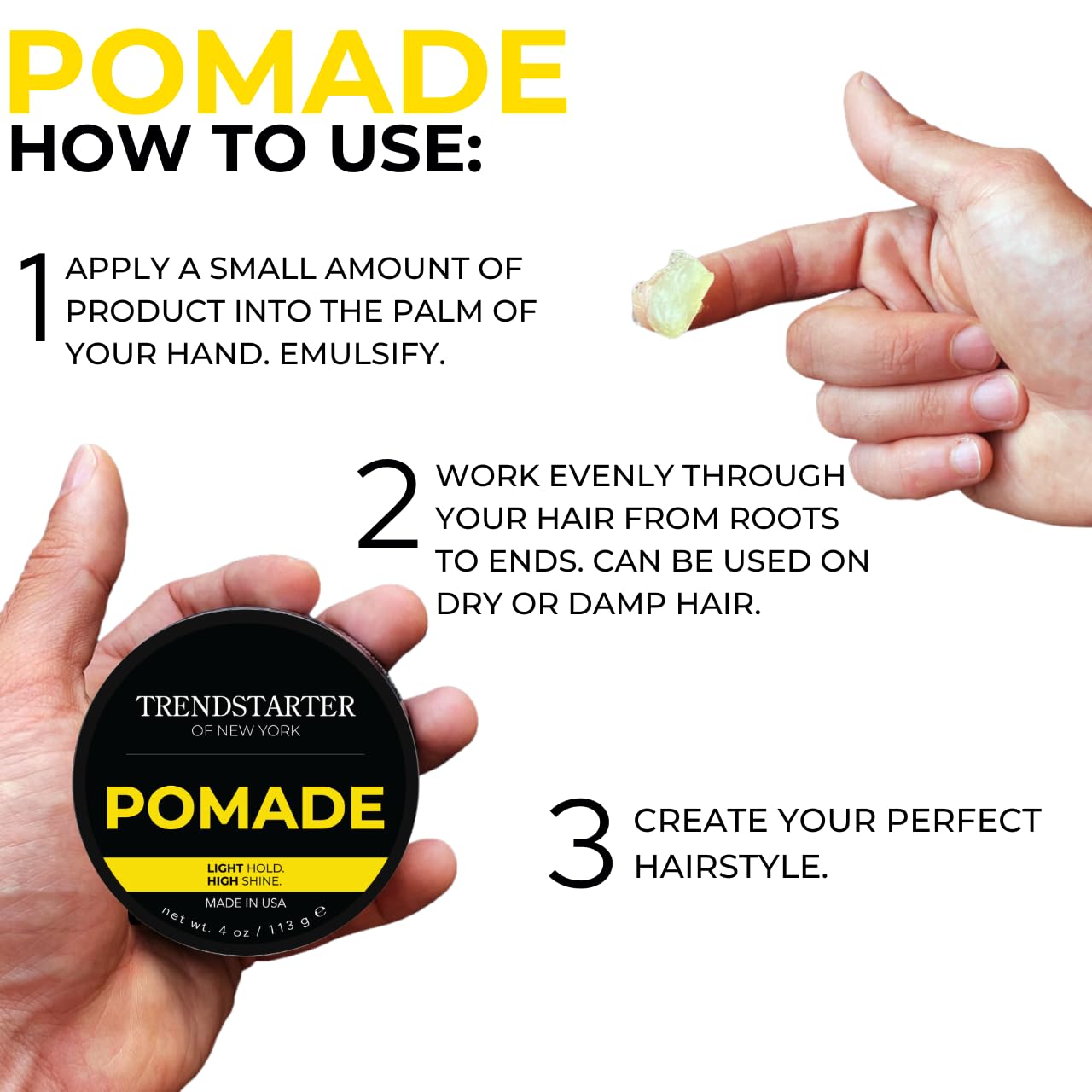 TRENDSTARTER Classic Pomade - Light Hold & High Shine | 4oz Water-Based Formula for All-Day Smooth Finish