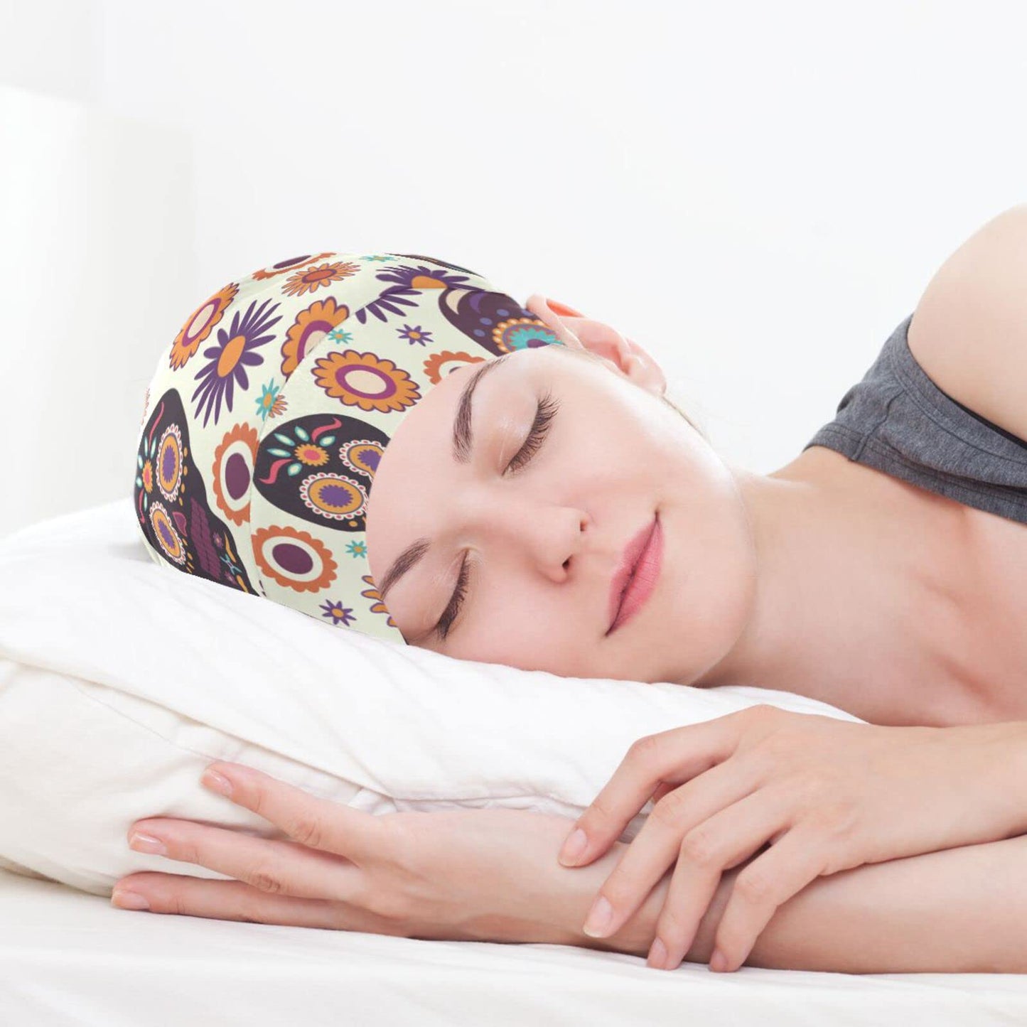 ElliTarr Satin Bonnet Lined Sleep Cap Hair Wrap Cover Slouchy Beanie for Curly Hair Protection for Gifts for Men Women Cute Skull Halloween