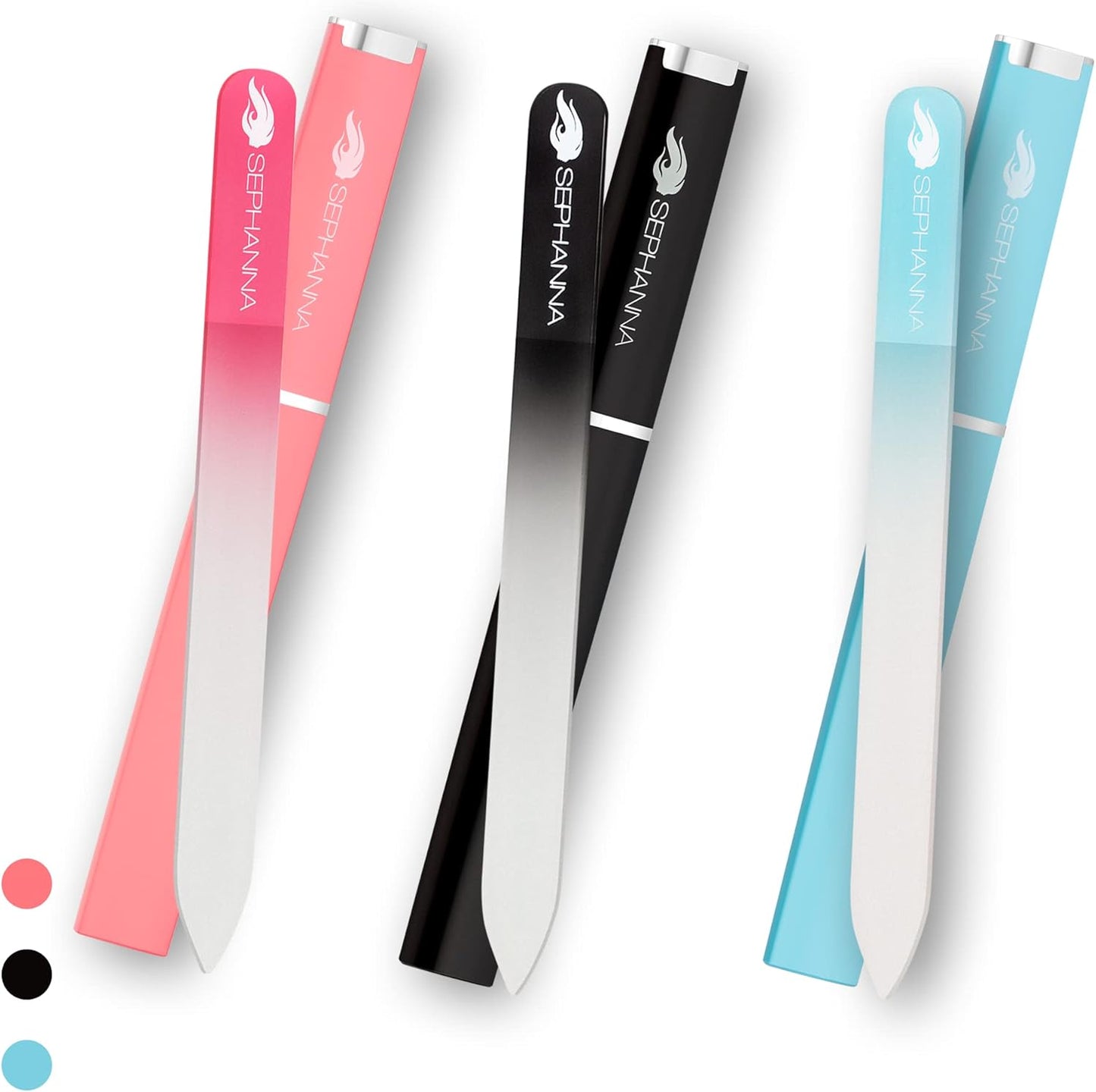 Skiennix Premium Crystal Glass Nail File - Double-Sided for Natural & Acrylic Nails | Portable Case Included (Black, Blue & Pink)